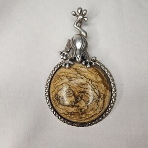 Unique Sterling Silver Pendant with Frog holding Earthy Stone